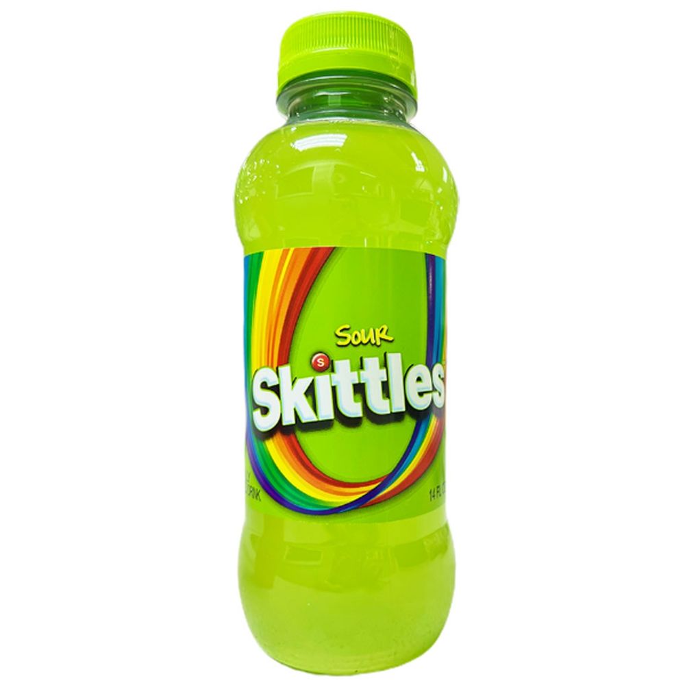 A plastic bottle full of neon green liquid that purports to be sour skittles juice.