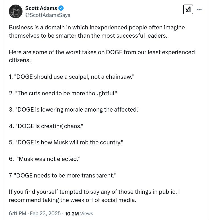 Scott Adam's list of the worst takes on DOGE which allegedly reveal your business inexperience