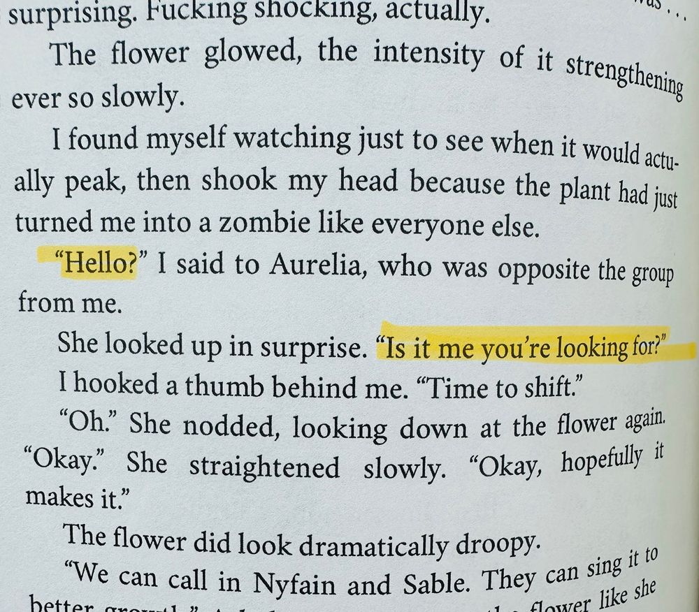 Excerpt from a book with some dialogue highlighted that reads “Hello?” “Is it me you’re looking for?”