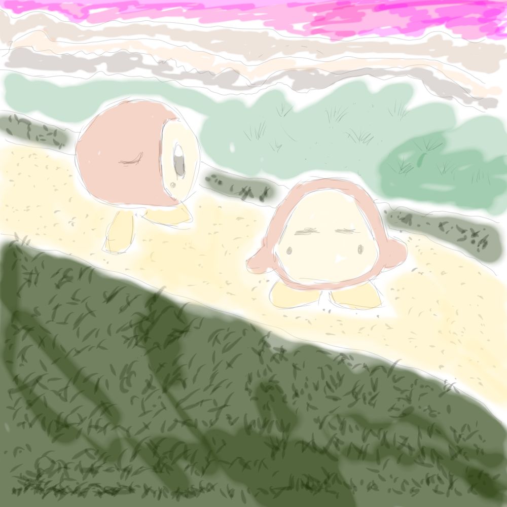 Two Kirby characters walking along a road.