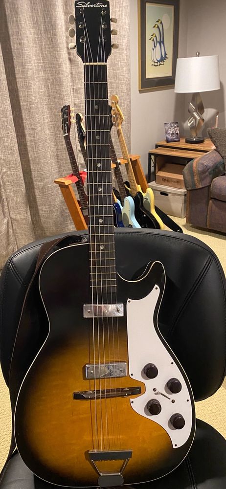 Hershey Bar pickups on my “new” vintage Silvertone Stratotone! 