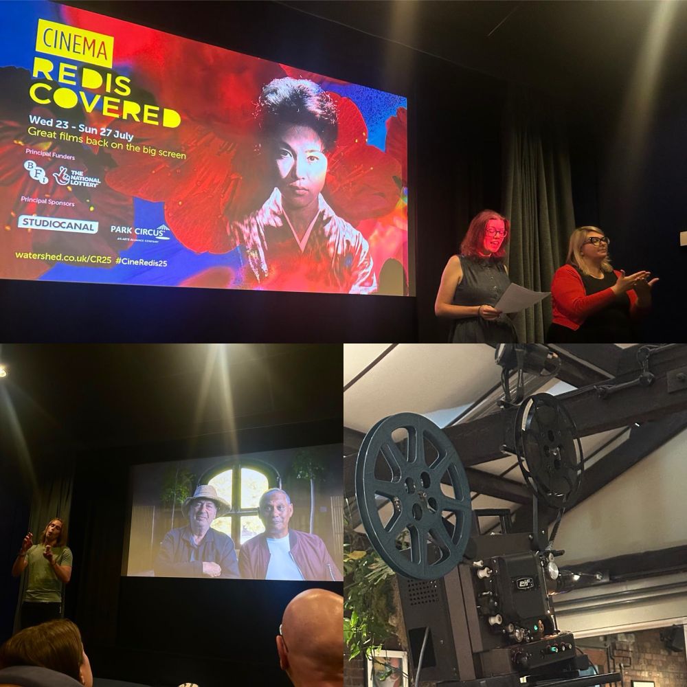 Three images - top 2 females speaker and BSL interpreter standing along Rediscovered Cinema screening. Bottom left, male interpreter with the screening of 2 older men being interviewed. The crossed window is behind at the back. Bottom right, old cinema projection with two big reels.
