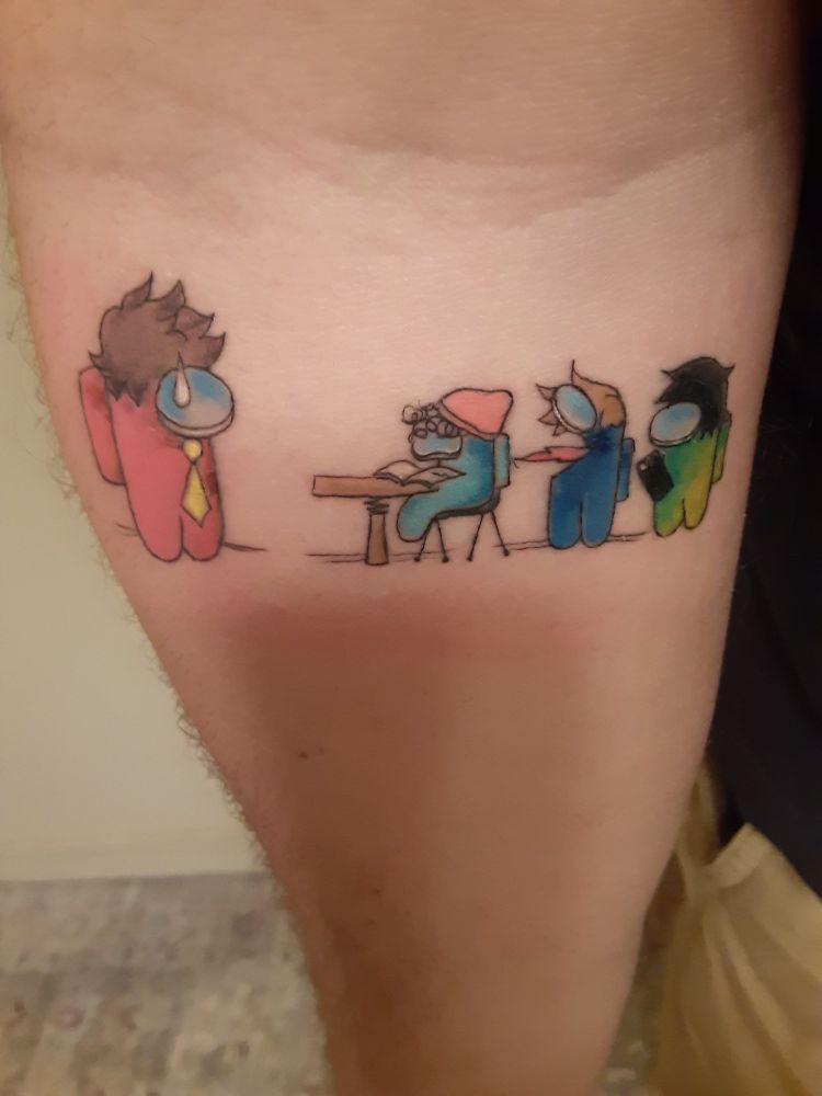 Tattoo of Among Us characters as a teacher & 3 students