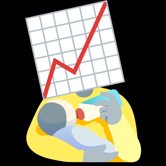a person with an upwards graph for a head feeding a baby a bottle