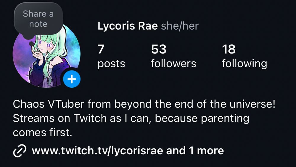 Instagram account for Lycoris Rae. 7 posts. 53 followers. 18 following. Bio reads “Chaos VTuber from beyond the end of the universe! Streams on Twitch as I can, because parenting comes first.” Links to Twitch and one more not listed.