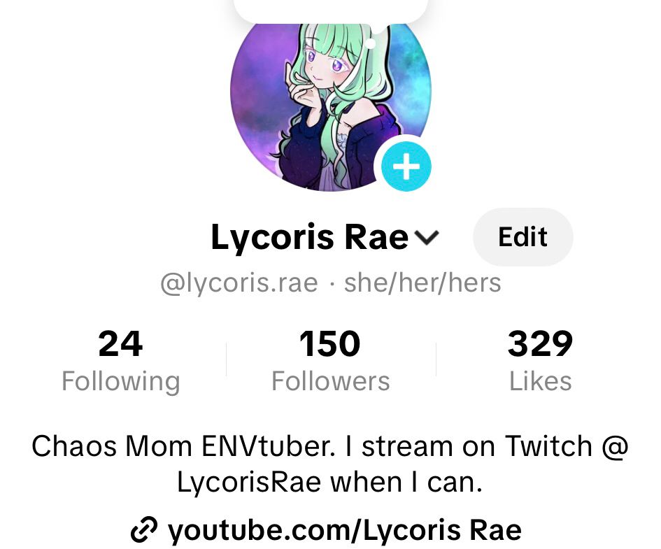 TikTok account for Lycoris Rae. 24 Following. 150 Followers. 329 Likes. Bio reads “Chaos Mom E N VTuber. I stream on Twitch at Lycoris Rae when I can. Link to YouTube account.