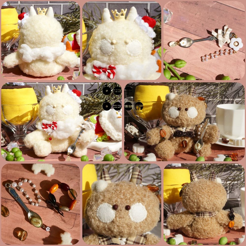 カフェドリンクをイメージしたモンスターのぬいぐるみ(ミルクセーキとカフェラテモチーフ)の写真のさまざまな角度の写真が1枚に収められたコラージュ写真