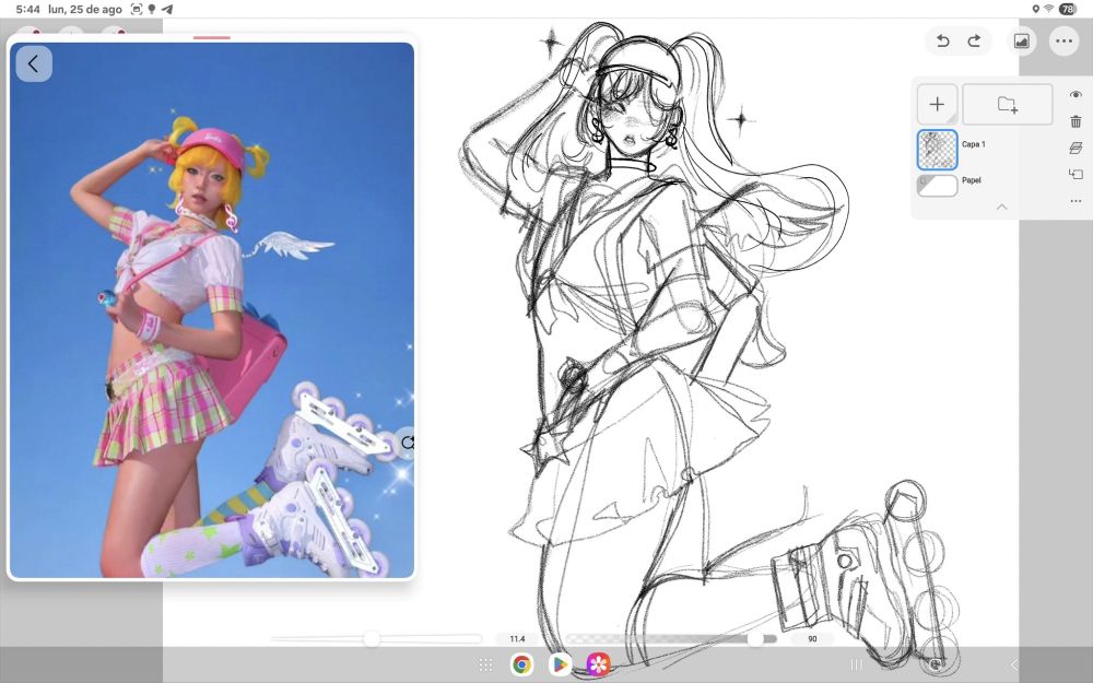 colorless sketch of a girl floating in the air wearing roller skates shoes and a mini skirt and a cap, next to her is a reference image of a similar girl
