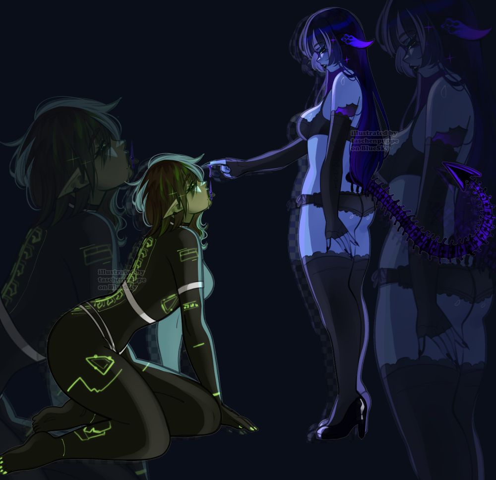 a drawing of two women, one is a slime goblin looking green skined woman with a skin tight black suit kneeling on the floor looking up at a puprple skined woman with long black hair and black lingerie who's holding her bleeding finger over her moth giving the green woman some of her blood