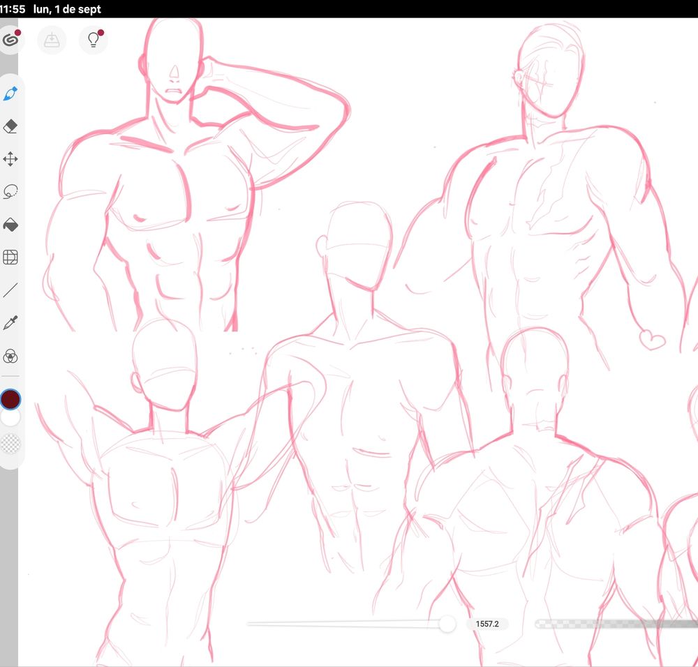 A lot of pink sketches of masculine torsos