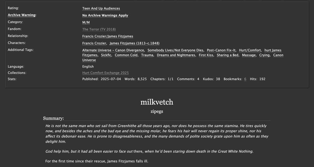 screenshot of the fic's ao3 tags and summary
