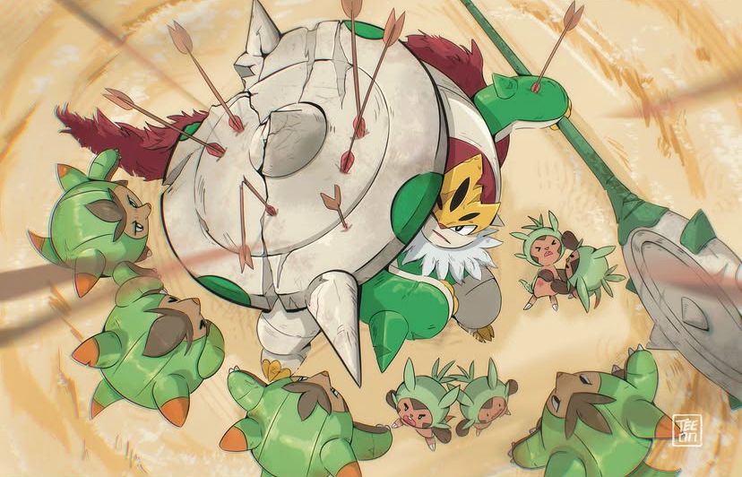 Mega Chesnaught holding up its shield that has several arrows punctured into it. Several Quilladin surround Mega Chesnaught in a protective circle. Some Chespin are injured and crying for help. 
