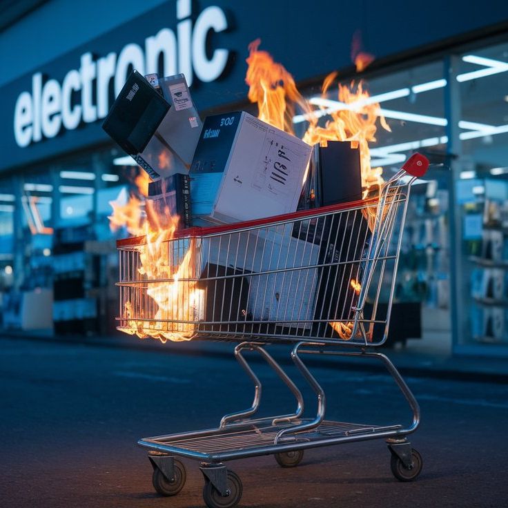 Indkøbsvogn i brand foran et varehus med elektronikprodukter.