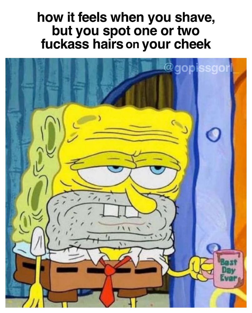 Caption: how it feels when you shave, but you spot one or two fuckass hairs on your cheek

Image: a tired looking spongebob with a musty grown in depression beard holding up a spilt-over coffee mug that says "best day ever"