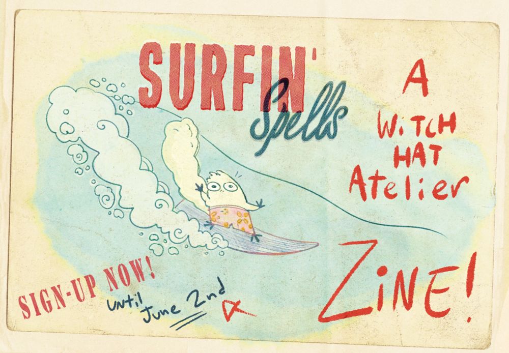 Surfin' Spells zine illustration with a brushbug on a surfboard! Sign ups open until June 2nd