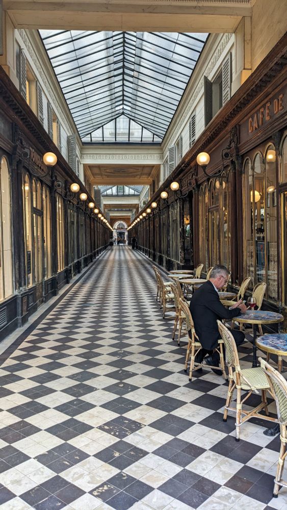 Photo by me. 
A man is sitting at a table, scrolling on his phone, a glass of red wine next to him. The terrasse is on is within one of the "Passage" in Paris. There is a windowed ceiling and a checked pattern on the floor. 