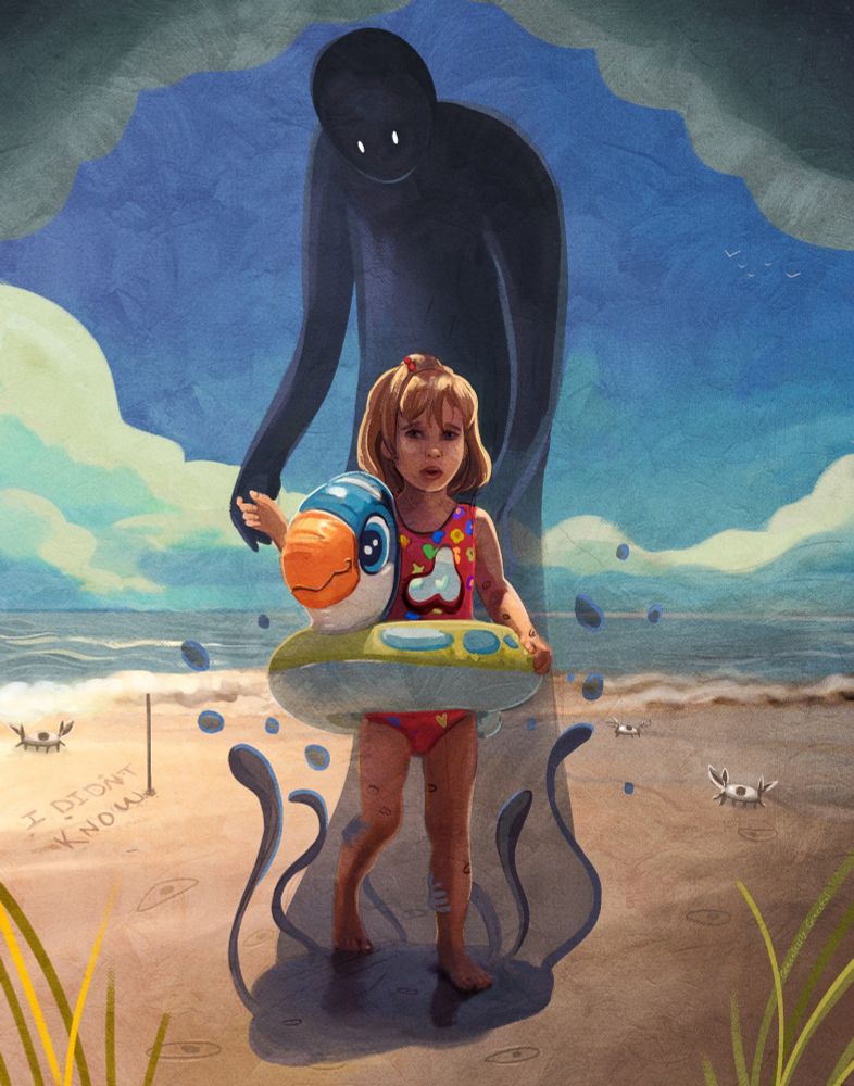 A girl standing at the beach. Ocean behind her with a bright blue sky. Seagulls fly in the distance. Around her she is lost in the confusion from her delusions and trauma. A shadow figure stands over her connecting with her own shadow. Within that shadow little hands attach themselves onto her legs. She stands there staring at the viewer holding the hand of the shadow and in the other her ocean floaty.