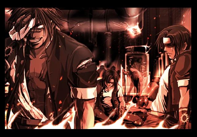 arcade ending for the kyo clone team, depicting them defeated in a burning laboratory