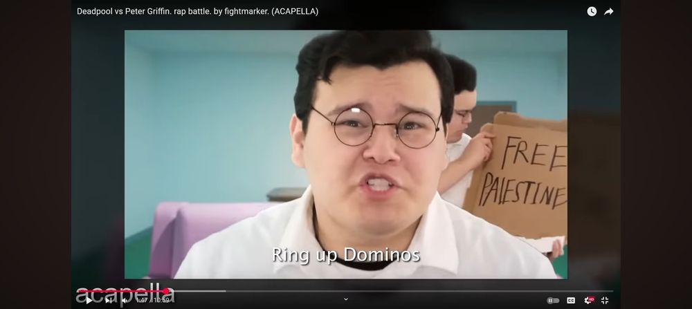 Peter Griffin rapping about deadpool sucking
Another Peter Griffin holds a pizza box that says FREE PALESTINE on it 