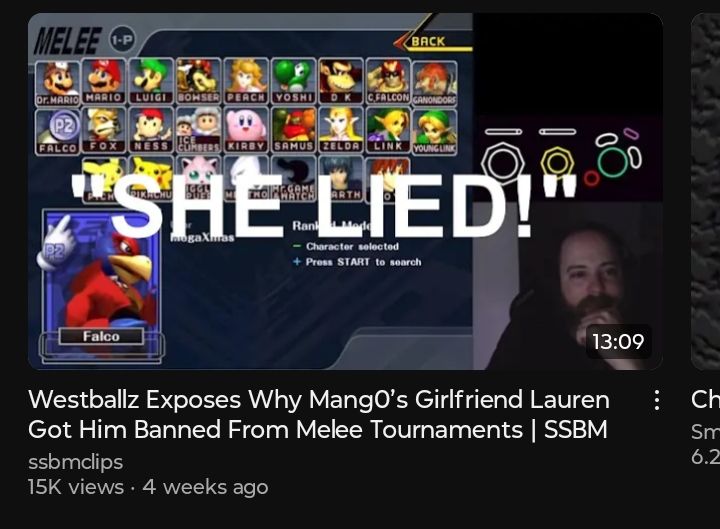 Screenshot of a thumbnail of a video defending mang0 and attacking his ex for getting him banned even though he was a piece of shit to more than one person in more than one occasion
