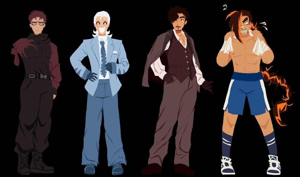 A lineup of 4 guys, first one is a serious, short haired soldier who lost an arm during the killingame. wearing black clothes with darkish magenta accents on the sleeves.

Next is a vendor who is noticeably forcing his smile and happy attitude. He has white hair, he wears a suit with different sky blue accents, tie making reference to shark teeth, sleeves with fins designs.

Along side him is a calm businessman, with a brownish suit varying accents of brighter or darker browns, he has somewhat messy hair and facial hair

Last is a very nervous boxer, at least that's what he's trying to make you think he is. He's holding a sweat towel firmly around his neck. Legs separated in position to fight, he has boxing shorts, socks and shoes. He has long braided hair that is shaped like a scorpions tail.