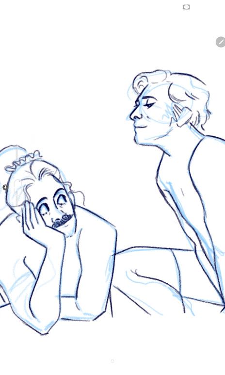 Sketch of Ed's upper torso. He's holding his head on one hand and looking at Stede beside him, who's sitting slightly above Ed.