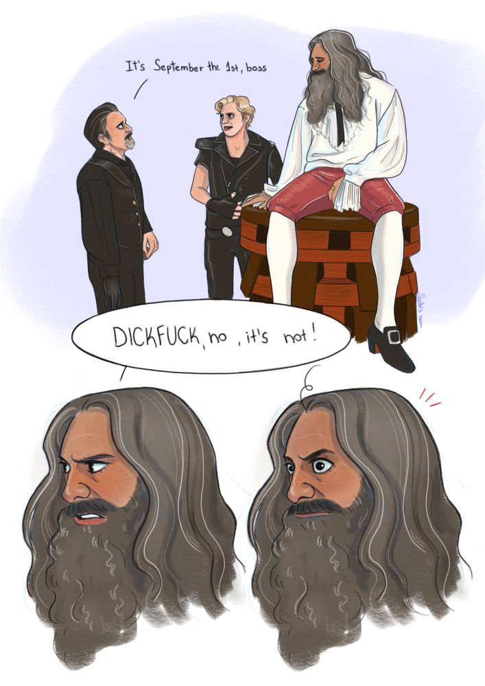 Comic page with three panels. First one is Izzy telling Ed it's September the 1st. Ed and Stede are wearing each others clothes. Stede looks very pale and he has his tongue out. Second panel is Ed saying 