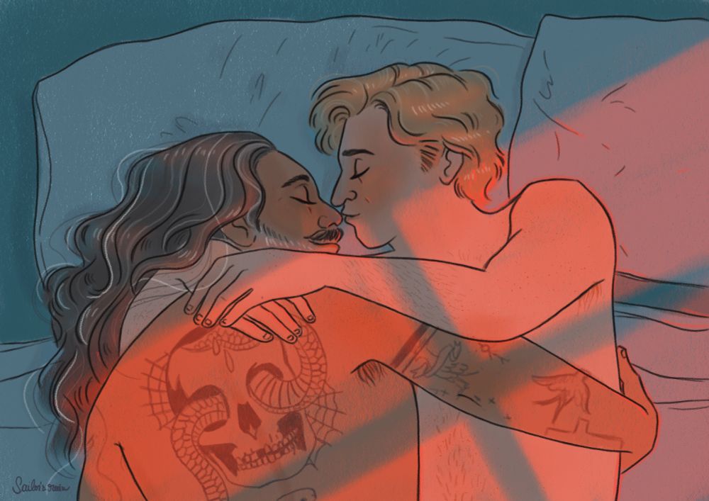 Ed and Stede shirtless in bed, there is an orange light coming in from the window. Stede is kissing Ed's nose.