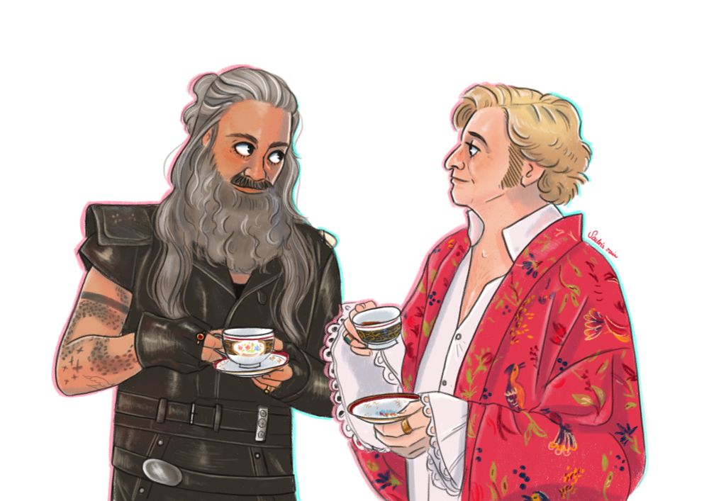Digital drawing of Ed and Stede in the 7 sugars scene