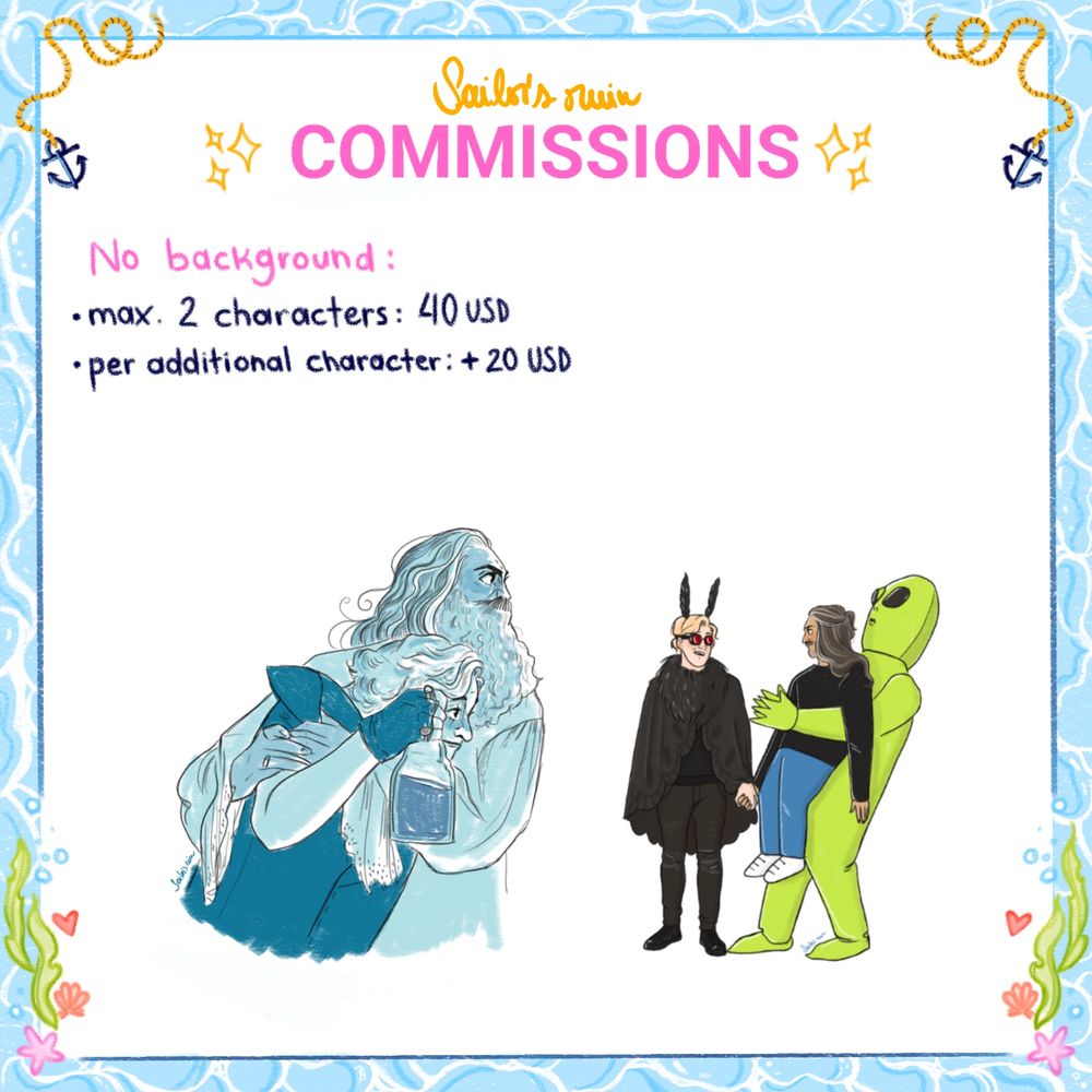 No background:
Max. 2 characters 40usd
Per additional character +20usd