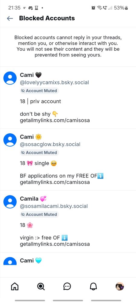 List of blocked accounts, with similar names: Cami, Cami, Camila, Cami.