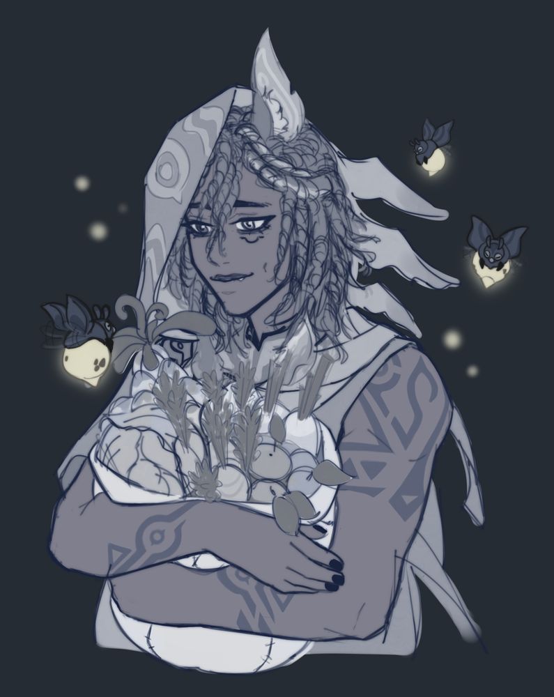 Eng: ororon carrying a sack full of vegetables, he's looking at the aphids flying around him with a small smile. // PTBR: ororon carregando um saco cheio de vegetais, ele está olhando os afídios voando ao redor dele com um sorrisinho no rosto.