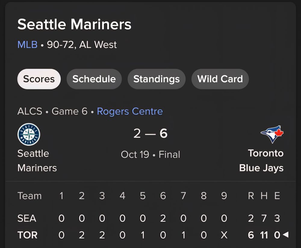 Scoreboard
Mariners lost

Game 7 will decide who advances to the World Series
