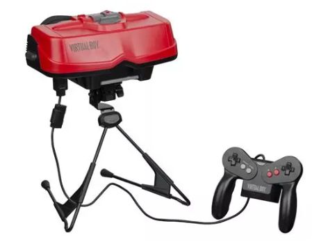Photo of the Virtual Boy, a red, clucky, terribly akward-looking VR-like headset. If it were, say, a human, I'd describe it as all elbows and angles (like me as a teenager).