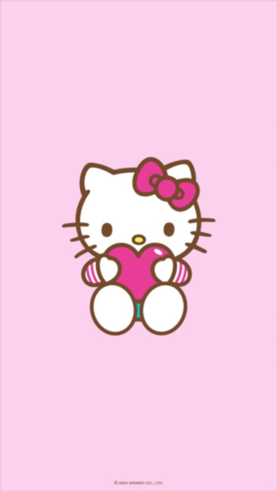 a hello kitty holding a pink heart with hearts around her on a pink background