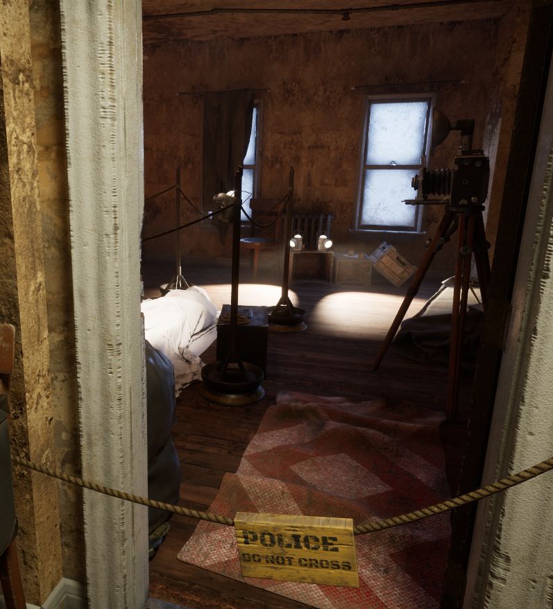 A game art environment of a homicide scene, with a view of the scene (that takes place in an apartment) from the doorway, blocked off by a rope and "Police do not cross" sign that is bright yellow (but made of wood.) Deeper in the shot is a body under a white tarp, with a mid 20th century tripod mounted camera hovering to the right, hazy windows in the background with boxes, trash bags, and other trash strewn about the background.