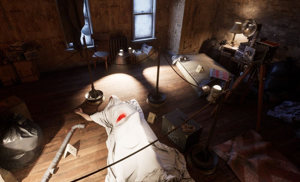 A game art environment of a homicide scene, with an overhead view of a body covered by a slightly blood-stained white tarp. To the left of the victim, the murder weapon (a large section of pipe with blood on it's edges,) to the right is a tripod-mounted mid 20th century "accordian" style camera. Throughout the background is clutter such as boxes, trash bags, a mattress, clothes, and then some. In the farthest background are hazy windows with a blue tint.