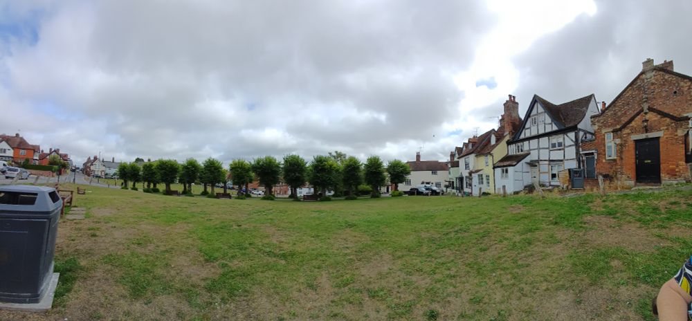 The green Marlborough. Grass, tree avenue and old houses. 