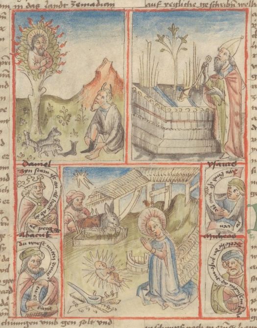 Forschungsbibliothek Gotha, Memb. I 54, dat. 1464: Geburt Christi, Moses und der Feuerbusch, Aaron, Propheten