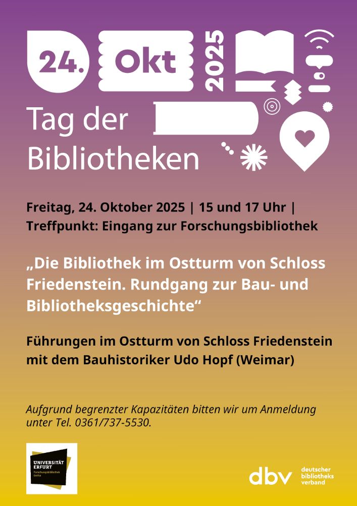 Plakat zum Tag der Bibliotheken mit den Daten der beiden Führungen von Udo Hopf und der Telefonnummer für die Anmeldung: 0361/737-5530.