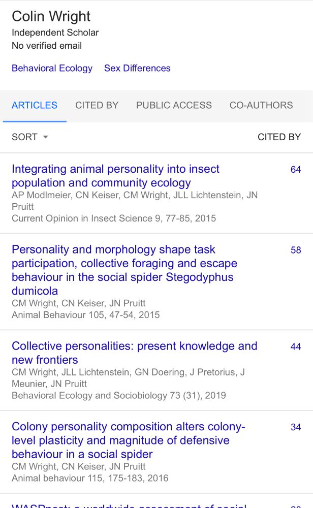 Google scholar screenshot featuring Colin Wright’s academic work. All of the most cited articles feature “JN Pruitt,” as an author.