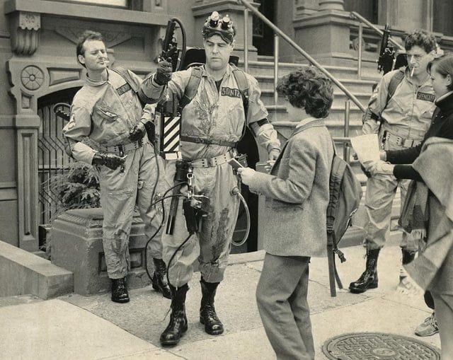 Bill Murray and Dan Aykroyd behind the scenes of Ghostbusters.