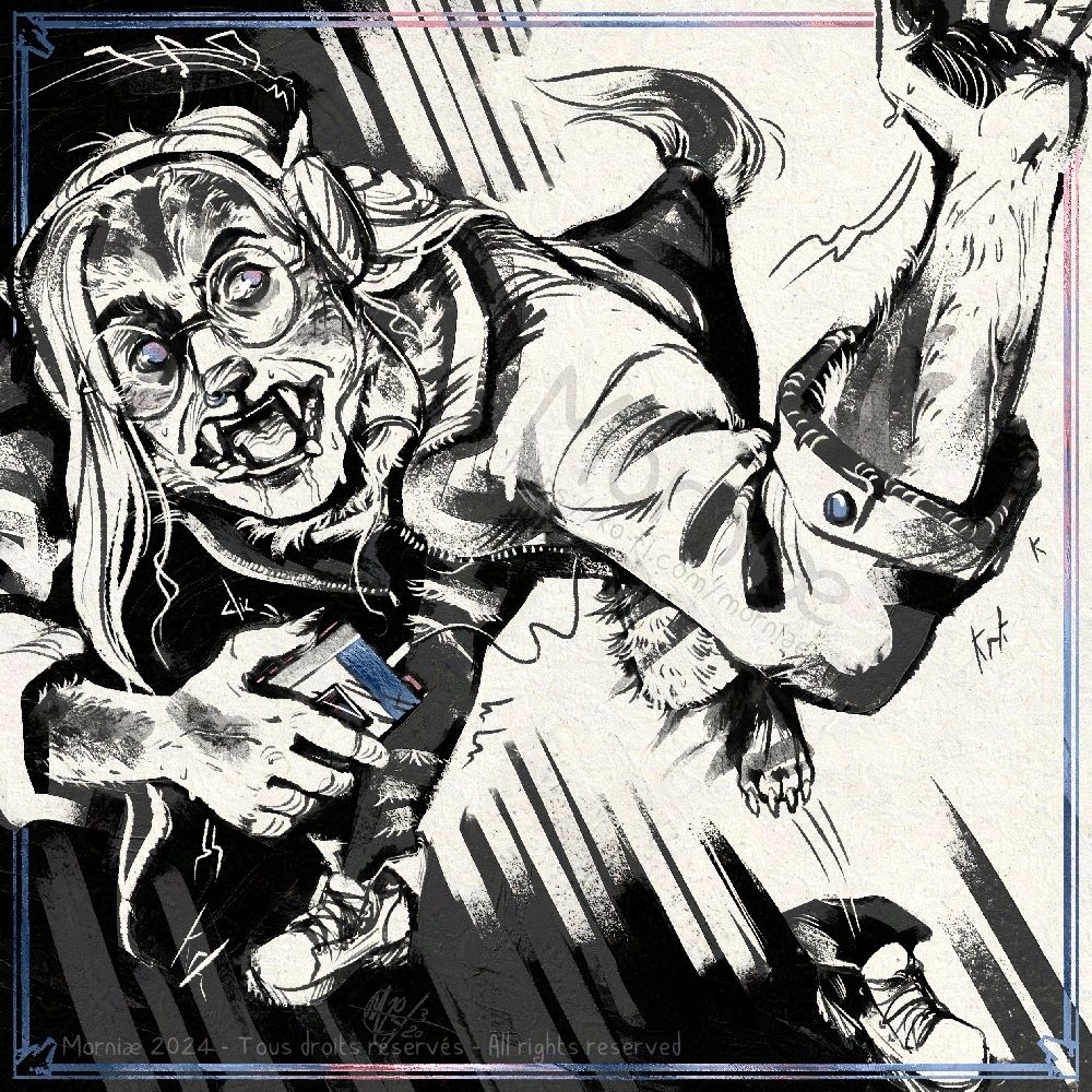 A black and white square illustration featuring a werewolf mid transformation, leaning towards the viewer as she looks at her hand changing. She listens to music in this moment, and quickly get her paw out of her shoes to not destroy them.