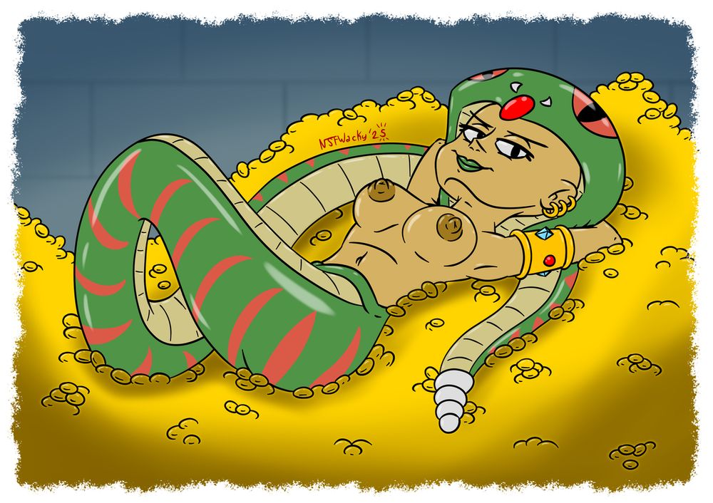 Queen Nagaly enjoys a moment of relaxation as she lays on her treasure hoard.
