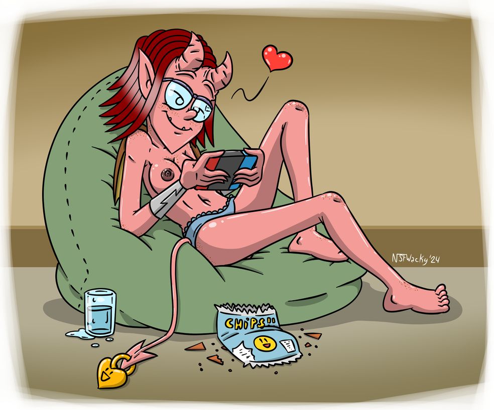 Suckstobe the Nerdy Succubus enjoys some gaming time in the nude. That's a life goal and no kidding.
