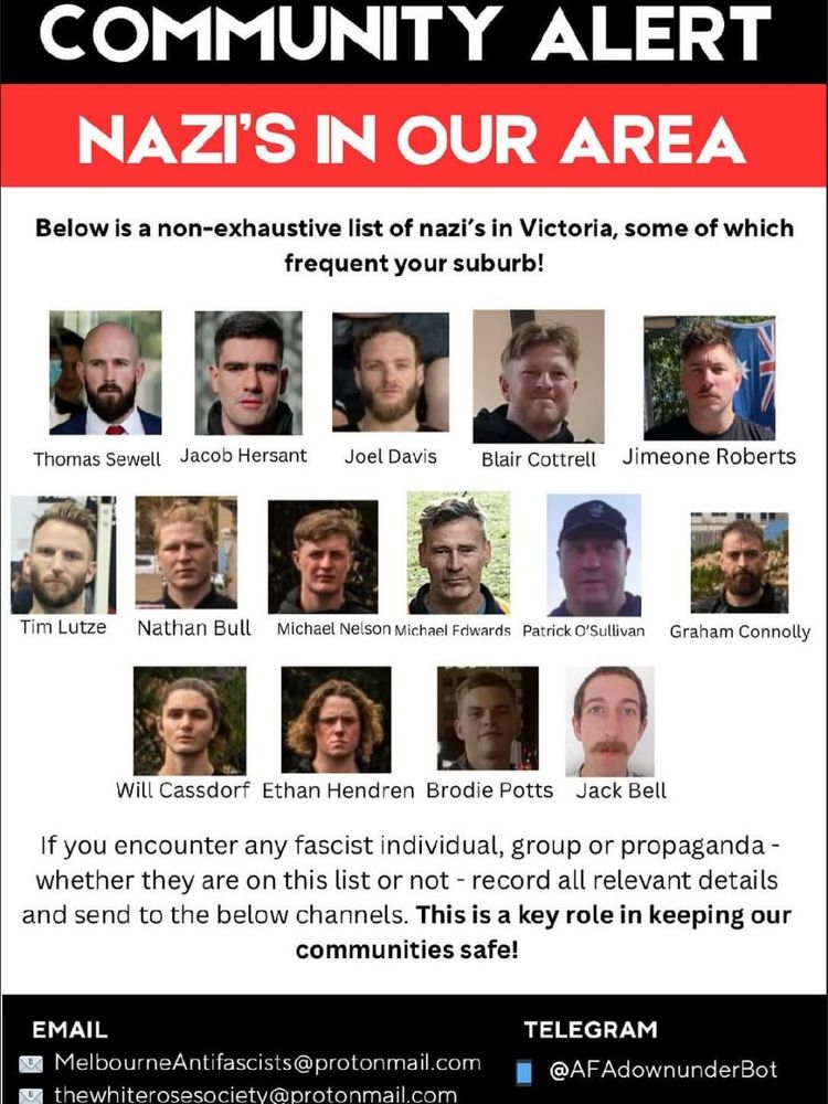 A community alert of Nazis in the area. Shows black and red banners on the top of a page. Below the banners are thumbnail portraits of 15 cis men, with their names captioned under their portraits. 
