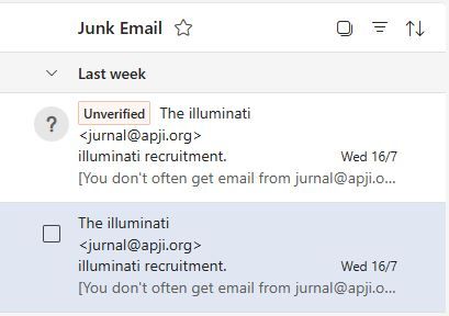 A screenshot of a section of an email inbox. The inbox is displayed as white and grey boxes in a classic Microsoft Outlook display style. The section shows two junk mail emails from "The Illuminati".