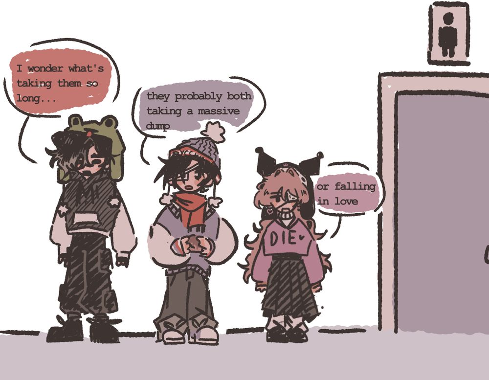 Church, Kamiya and Alioth (left to right) standing outside of the men's washroom debating what's taking their friends (Laika and Aleksandr) so long