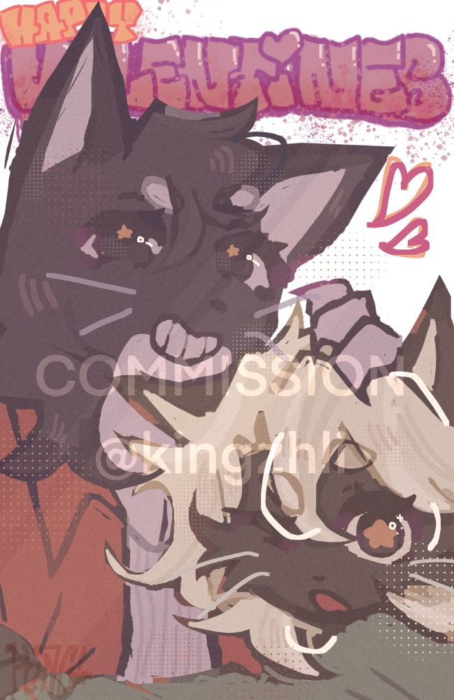 Art/drawing of Two cat furry characters hugging and smiling into the camera, they both have black fur but one has white hair in their head and the other has a white belly, the words behind say happy birthday, I'm bad at explaining, my wrists hurt 