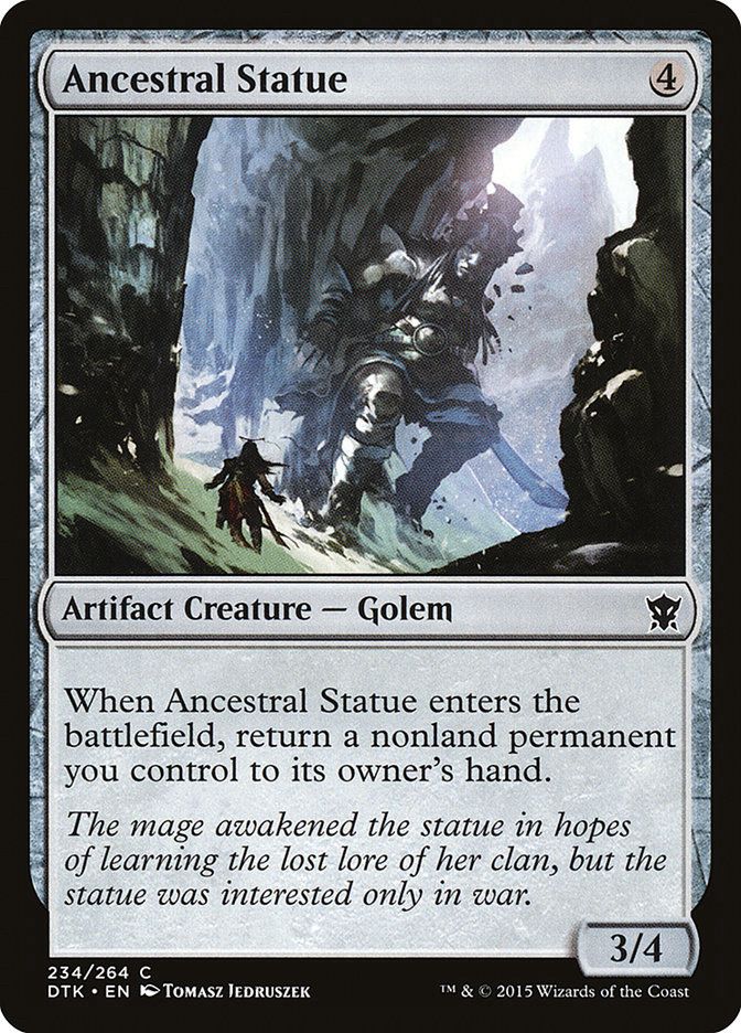 Ancestral Satue
A 4 mana colorless artifact creature with an ETB that says return a nonland permanent you control to its owner’s hand.